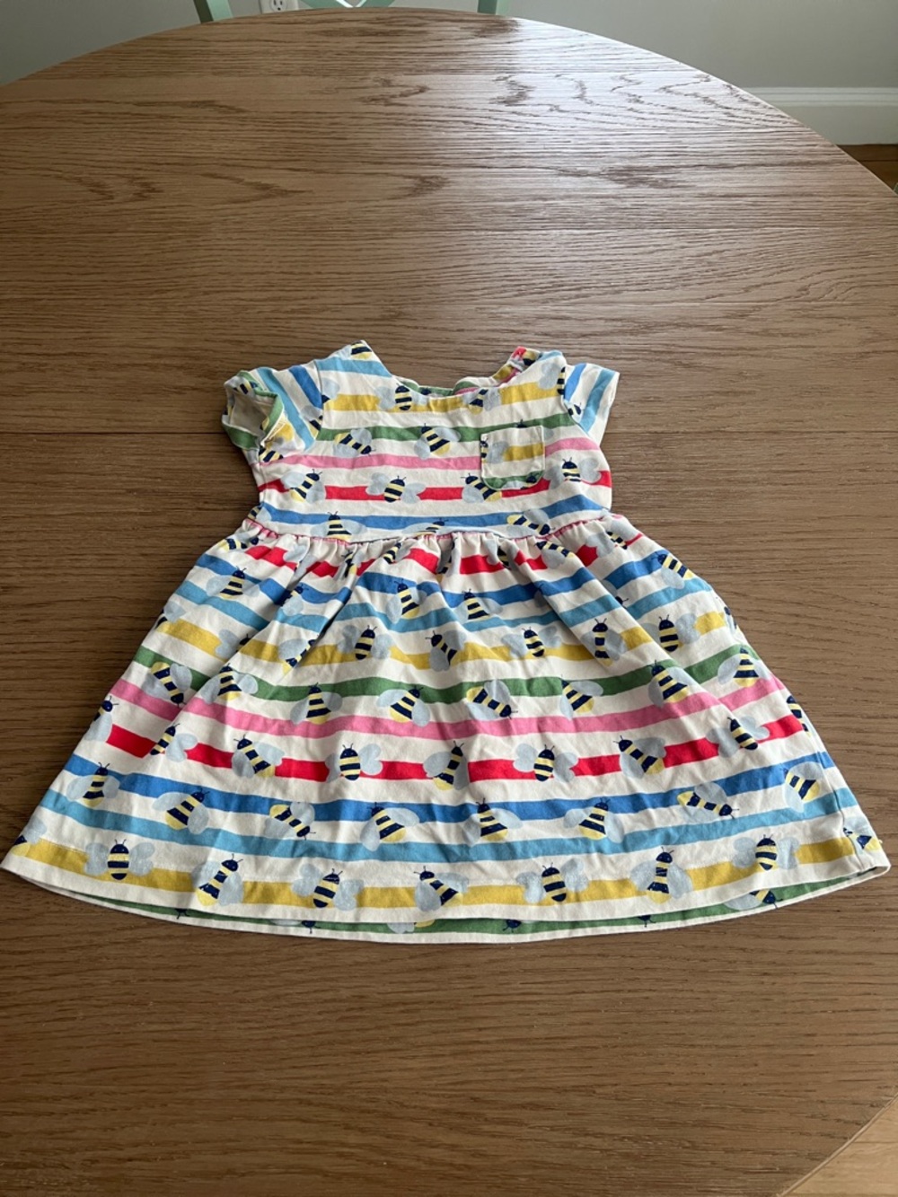 Mini Boden Striped Bee-Print Dress in Pink, Blue, Yellow, Green